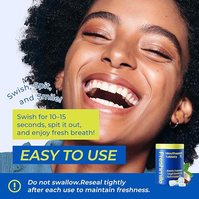 Travel Mouthwash Tablets for Sensitive Teeth & Gum Health – Fluoride & Alcohol-Free, Nano-Hydroxyapatite (NHA) & Xylitol for Bad Breath & Tooth Repair (60 Count)