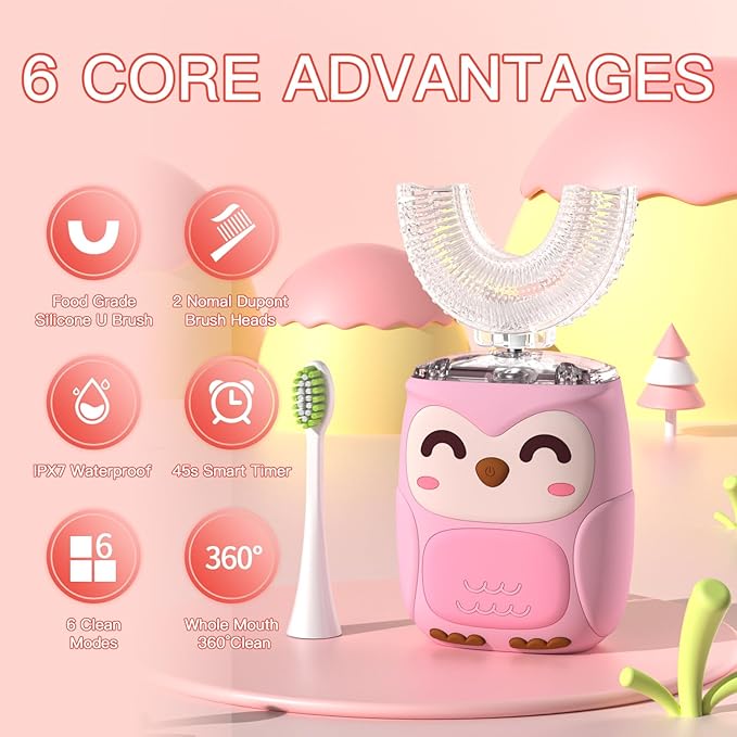 Kids Electric U Shaped Toothbrush Kids Sonic Toothbrush with 4 Soft Brush Head Automatic Full Mouth 6 Cleaning Mode-(Age2-7 Pink)