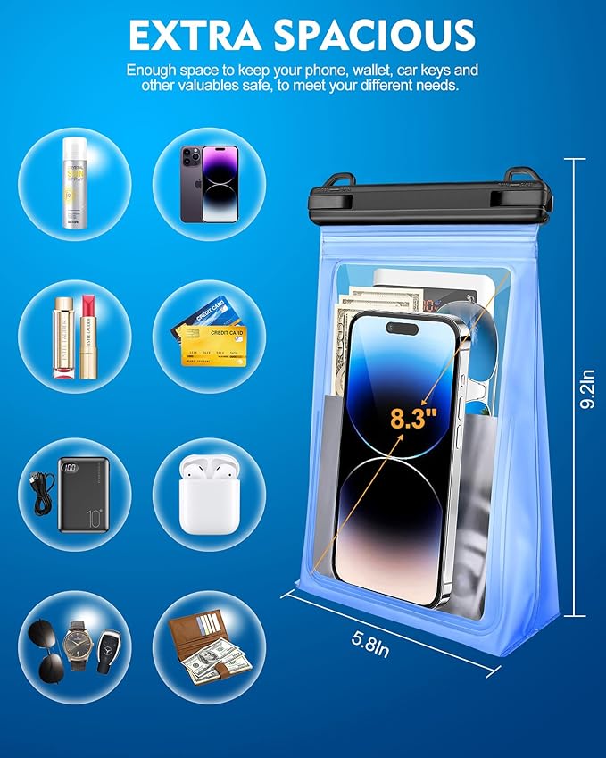 Large Waterproof Phone Pouch Floating, [Double Seals] IPX8 Waterproof Pouch for Beach Vacation Concert, Cell Phone Dry Bag for iPhone Samsung Google All Device Blue