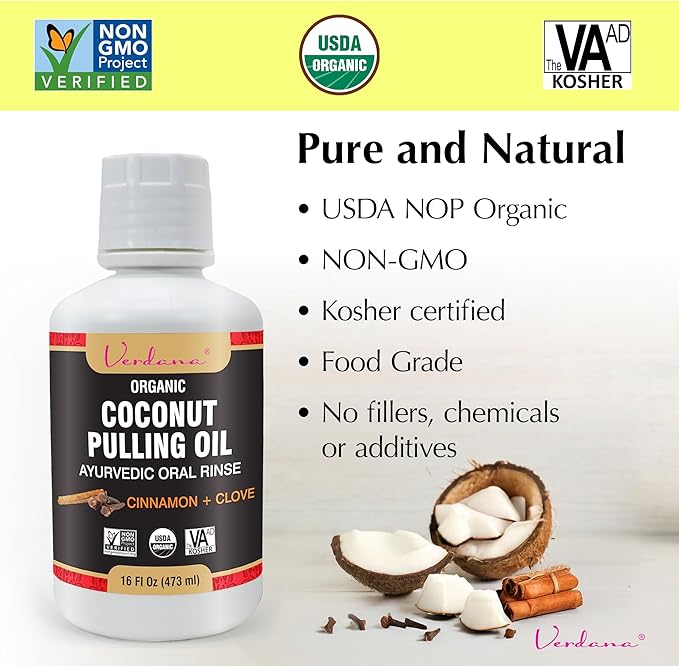 Verdana Organic Oil Pulling Mouthwash – 16 oz Cinnamon & Clove – USDA Organic Coconut Oil Rinse for Teeth & Gums – Alcohol-Free, Fluoride-Free Natural Mouthwash for Fresh Breath & Gum Health