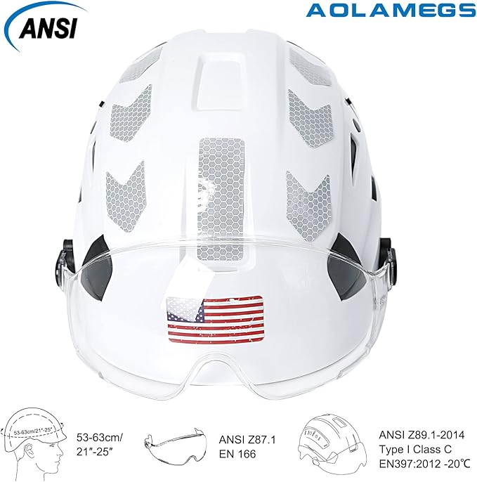 AOLAMEGS Construction Safety Hard Hat - ANSI Z89.1 Type Ι OSHA Approved Safety Helmets with Chin Straps Lightweight Reflective Vented ABS Hard Hats For Men Women Industrial Workwear 6-point Suspension