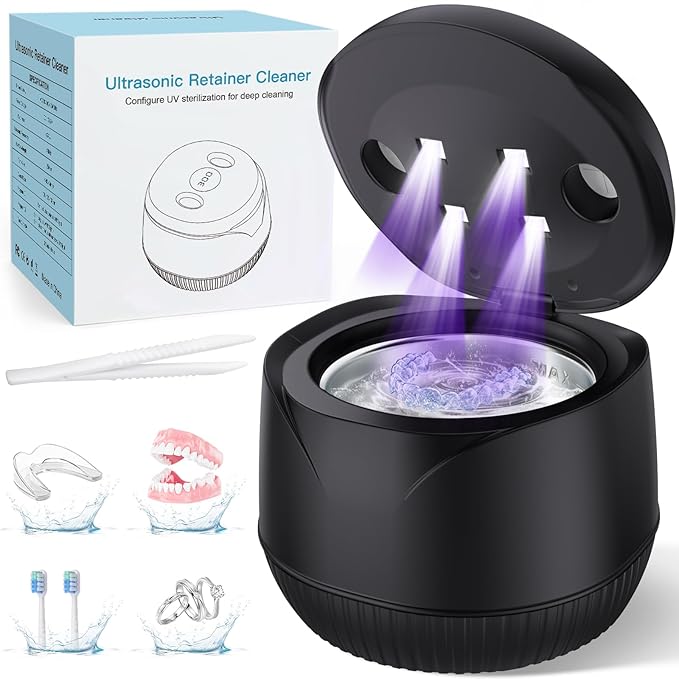 Dental Ultrasonic Retainer Cleaner Machine - Dental Cleaning Pod for Denture, Mouth Guard, Aligner, Night Guard, Braces, Toothbrush Heads, Jewelry, 45kHz Retainer Cleaner with Digital Timer & 200ML