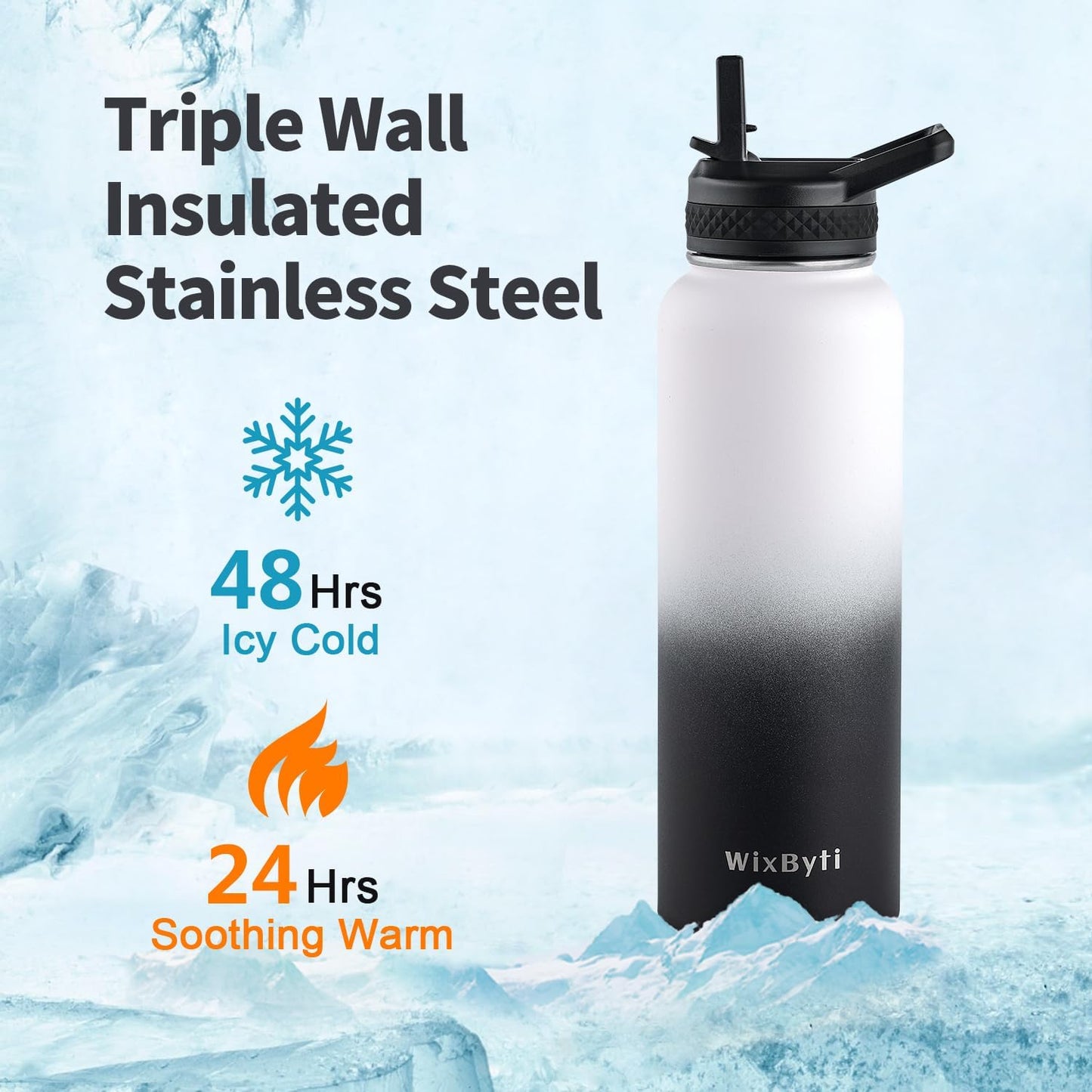 40 oz Insulated Water Bottle with Straw (Cold for 48 Hrs), Stainless Steel Triple Wall Vacuum Sports Water Jug, Leakproof Hydro Cup Flask with Paracord Handle & Straw Spout Lids & DIY Stickers