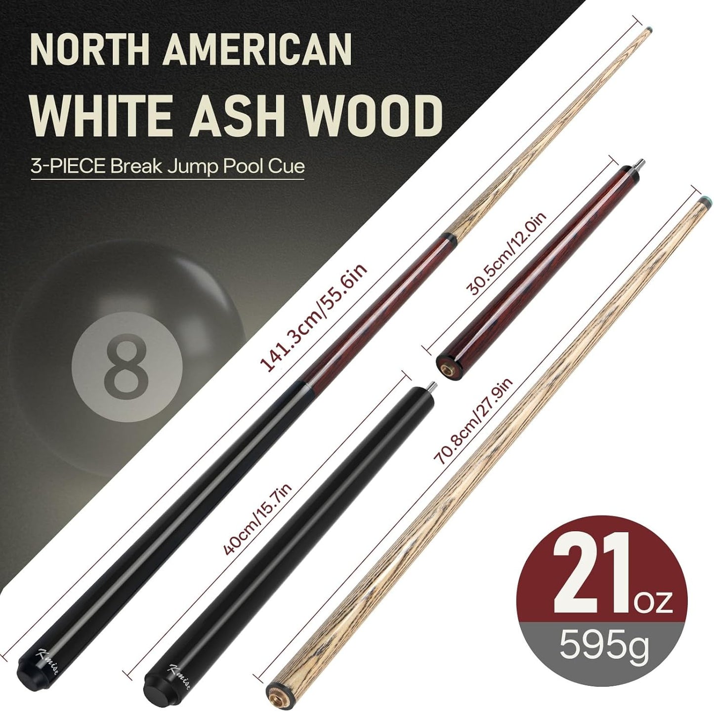 Kmise Break Jump Cue Stick - 21oz 23oz 25oz 28oz Pool Stick for Explosive Breaks and Effortless Jumps, Heavy Hitter Jump&Break Pool Cue with 14mm Pro Breaking Tip, Includes Pool Chalk and Glove