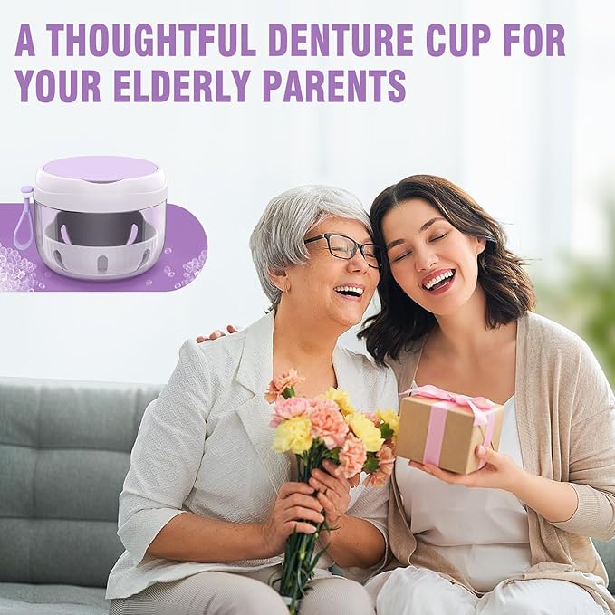 Denture Bath Box Cup, Leak Proof Denture Cup Kit Portable Retainer Case for Travel, Denture Case Cleaning Care for Dentures Aligner Mouth Guard with Denture Brush,Strainer, Removal Tool and Mirror