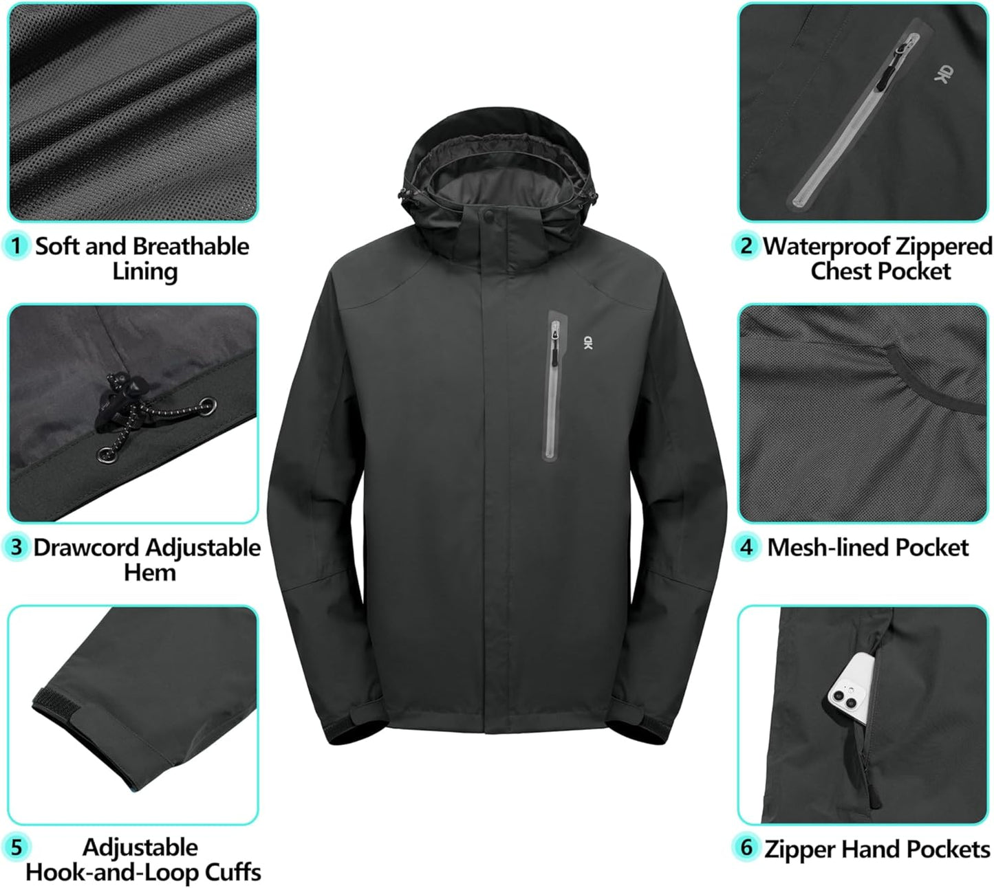 Little Donkey Andy Men's Waterproof Rain Jacket Outdoor Lightweight Hooded Raincoat for Hiking Golf Travel Fishing