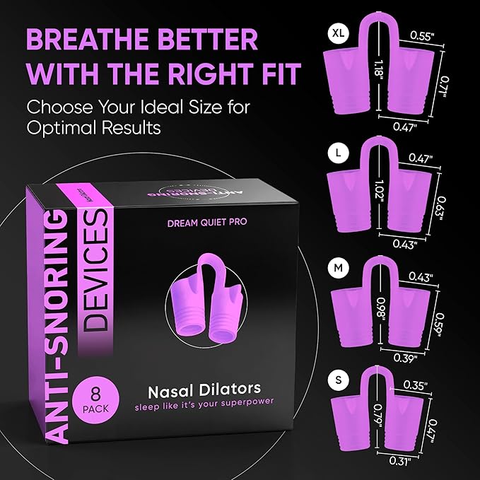 Anti Snoring Devices – Nasal Dilators - Nose Clips for Snore Relief & Better Sleep – Comfortable Silicone Snore Stopper – Anti Snoring Nose Vents – 8 Pack + Travel Case (Purple)