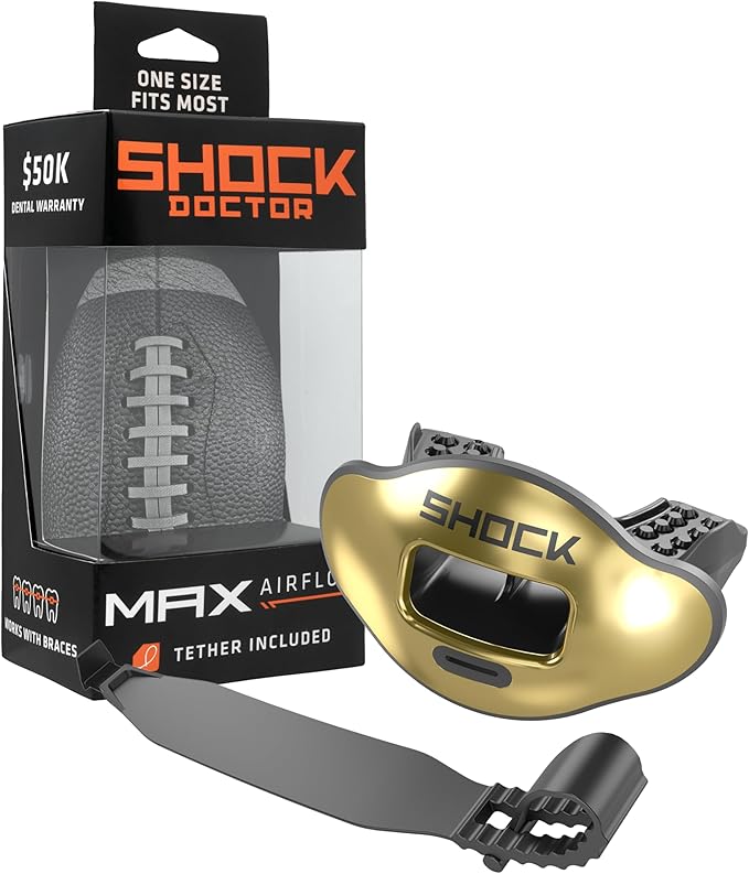 Shock Doctor Lip Guard, Adult and Youth Mouth Guard Football with Strap, Breathable Wide Opening Football Mouthpiece for Youth and Adults OSFA, Shock Doctor Mouth Guards, Max Airflow
