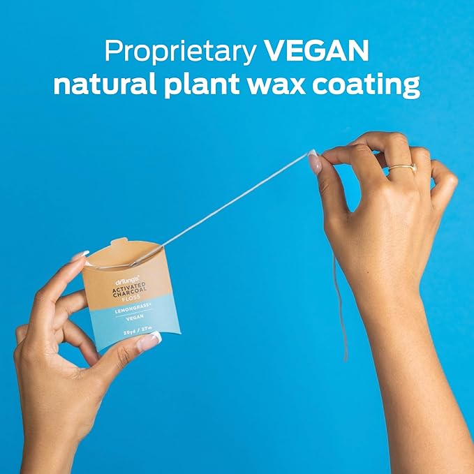 DrTung's Vegan Activated Charcoal Floss - Natural Floss, PTFE & PFAS Free, Gentle on Gums, Expands & Stretches, BPA Free- Natural Dental Floss Lemongrass Flavor (Pack of 6)