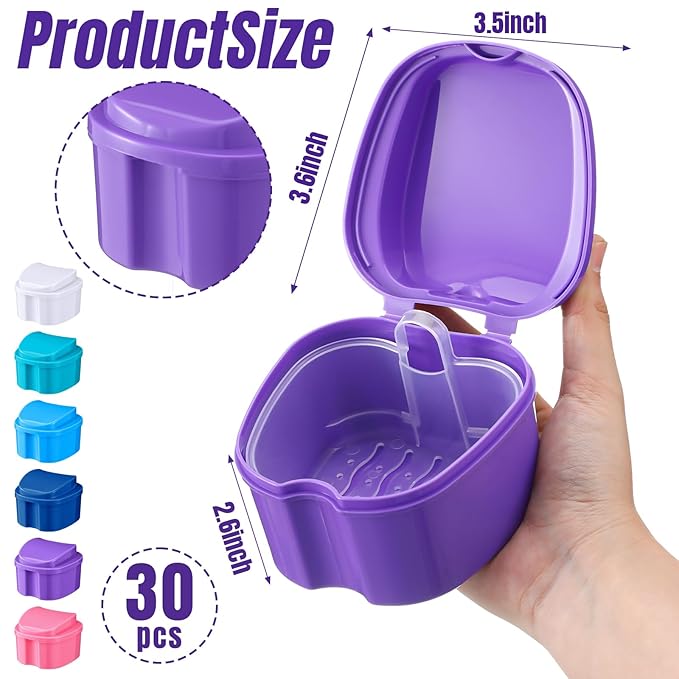 Zubebe 30 Pcs Denture Bath Retainer Case Holder Bulk with Strainer Basket Dental Cup Denture Soaking Container False Teeth Storage Box for Travel Cleaning Brace Mouth Guard, 5 Colors