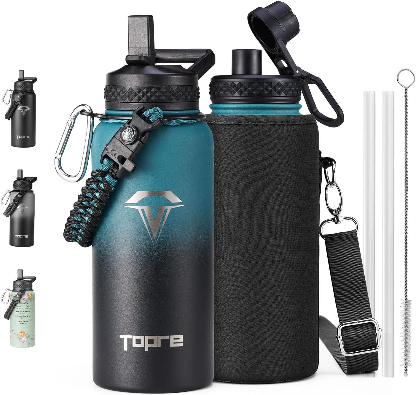 32oz Insulated Water Bottle,Stainless Steel Vacuum Water Bottle, BPA-Free & Leakproof -with Paracord Handle,Strap,Straw Spout Lids,Large Water Jug for Gym Sports