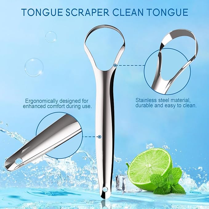 Tongue Scraper Set for Adults – 2 Medical-Grade Stainless Steel Tongue Scrapers with Travel Case + 10 Pack Floss Picks – Tongue Cleaner for Oral Care & Hygiene, Reduce Bad Breath
