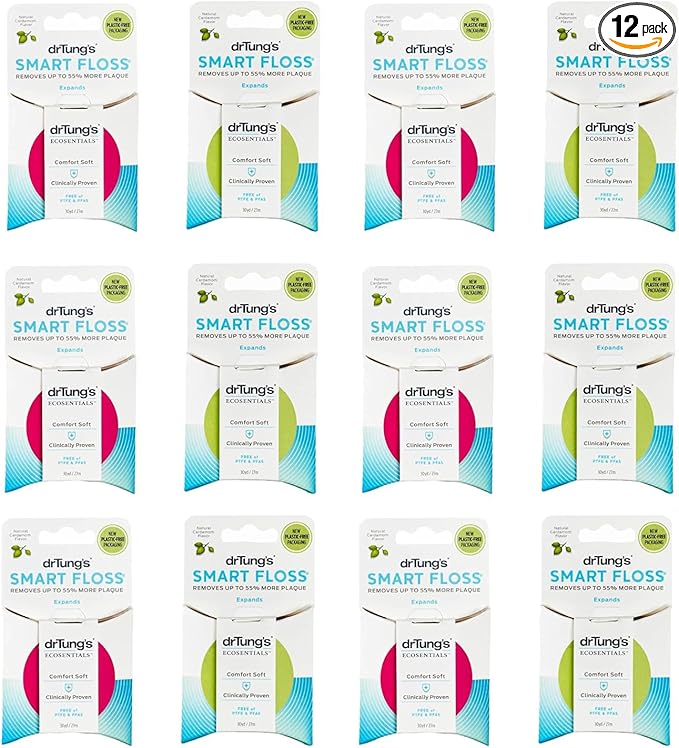 DrTung's Smart Floss - Natural Floss, PTFE & PFAS Free Floss, Gentle on Gums, Expands & Stretches, BPA Free Floss - Natural Dental Floss Cardamom Flavor (Pack of 12)