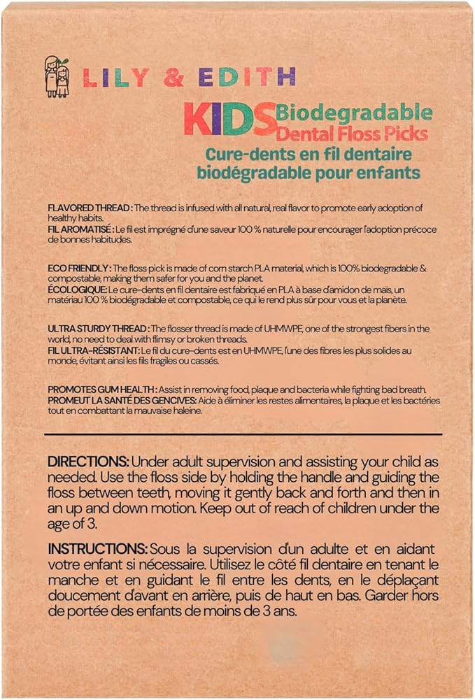 LILY & EDITH Kids Biodegradable Dental Floss Picks 200 Counts, Fluoride Free, Plant Based Material, Fun Animal Flossing Sticks, Ultra Sturdy Thread, Zero Waste Package (Unflavored)