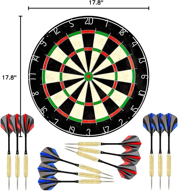 LinkVisions Dartboard with Staple-Free Bullseye, 18g Steel Tip Darts Set,12 Steel Tip Darts 18g, Dartboard Mounting Kits Included
