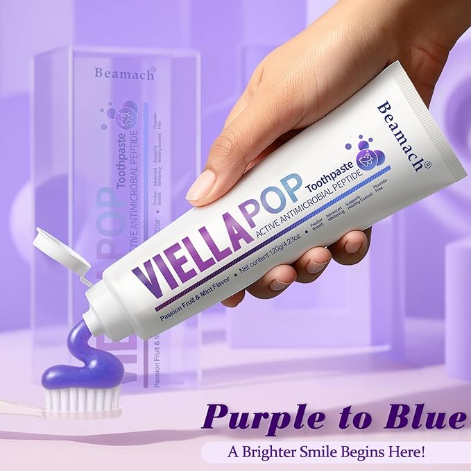 VIELLA POP Purple Toothpaste, Active Antimicrobial Peptide Purple to Blue Foam Whitening Toothpastes with Niacinamide, Fluoride Free, Passion Fruit & Mint Flavor, Appropriate for Sensitive Teeth (2)