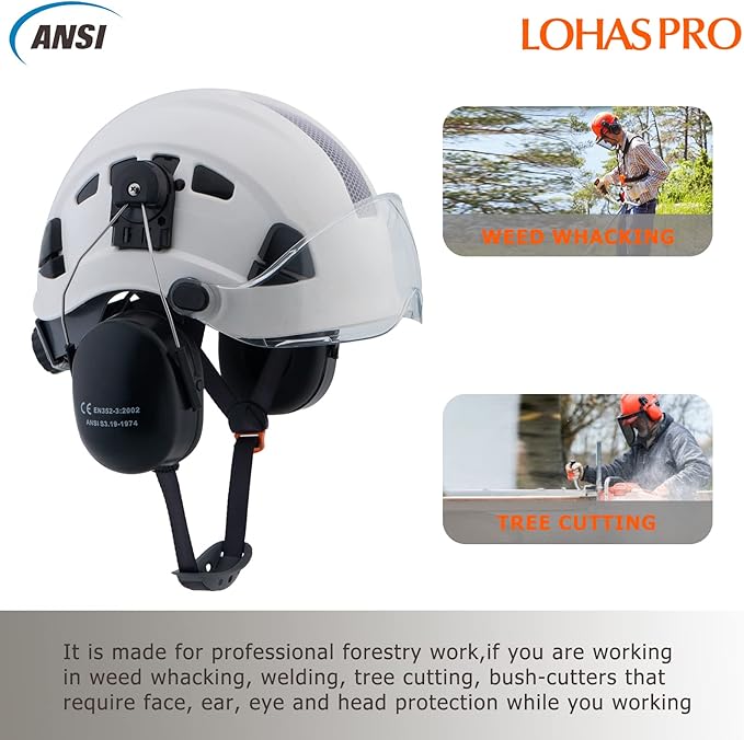 LOHASPRO Arborist Forestry Helmet Safety Hard Hat with Visor and Ear Muffs for Tree Service Logging Cutting Wood Chainsaw Helmet Garden Work Trimming Mowing(P91 White+Clear Visor+Earmuff)