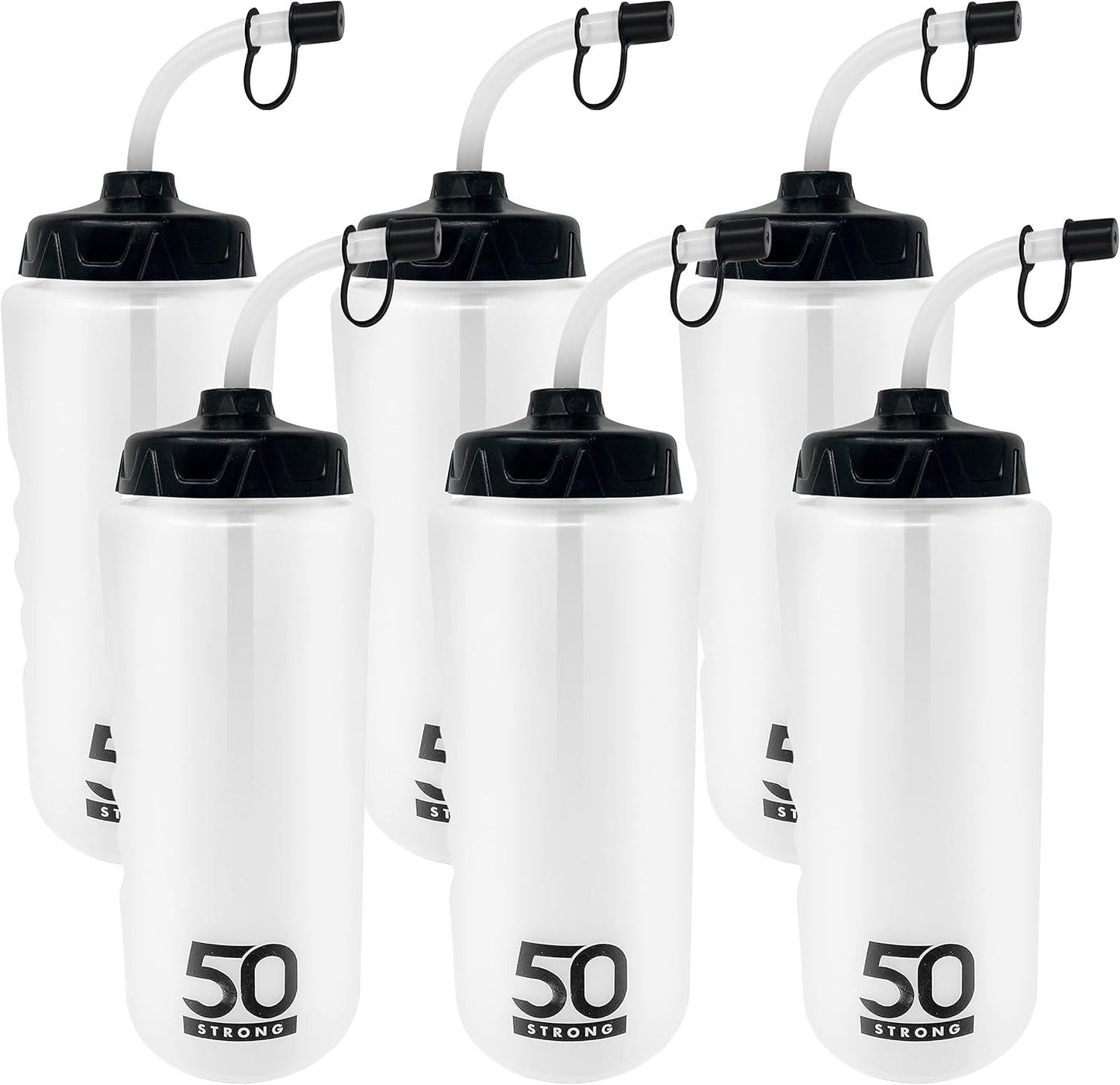 50 Strong 1 Liter BPA-Free Plastic Round Sports Water Bottle with Straw - 6 Pack