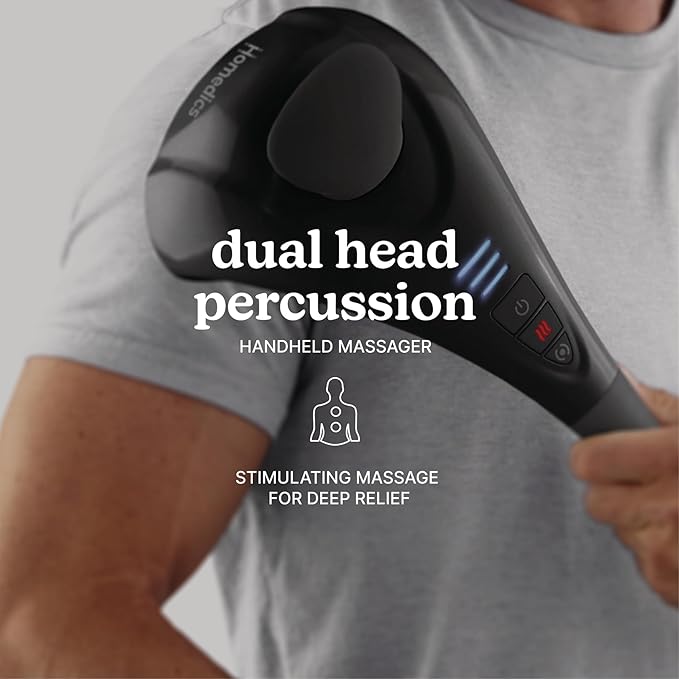 Homedics Handheld Back Massager, Dual Heated Nodes, Neck, and Body Percussion Massager with Interchangeable Nodes to Release Back, Neck, Shoulder Leg and Foot Tension