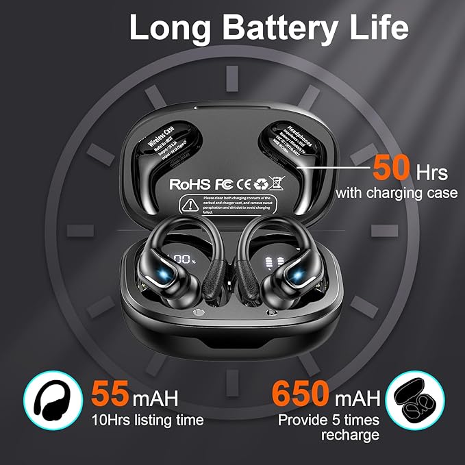Ltinist Wireless Earbud, Bluetooth 5.3 Headphones Pure Bass Sound with Earhooks, 75H Battery Over Ear Headphones with Dual-LED Display, IP7 Waterproof Earphones Built-in Microphone for Running Sports