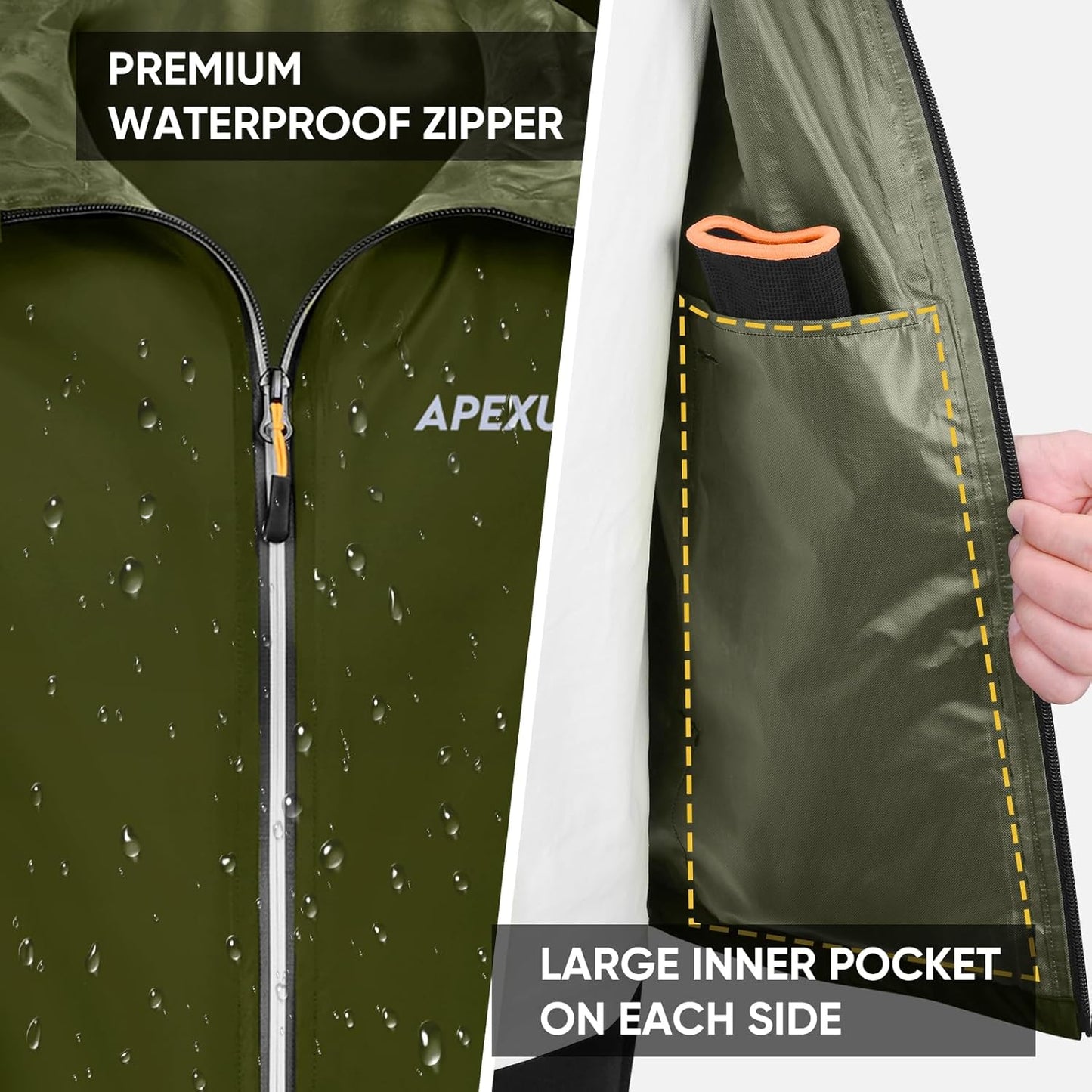 APEXUP Packable Rain Jacket Men with Reflective Zipper, Lightweight Waterproof Raincoat, Mens Rain Jacket for Outdoor Sports