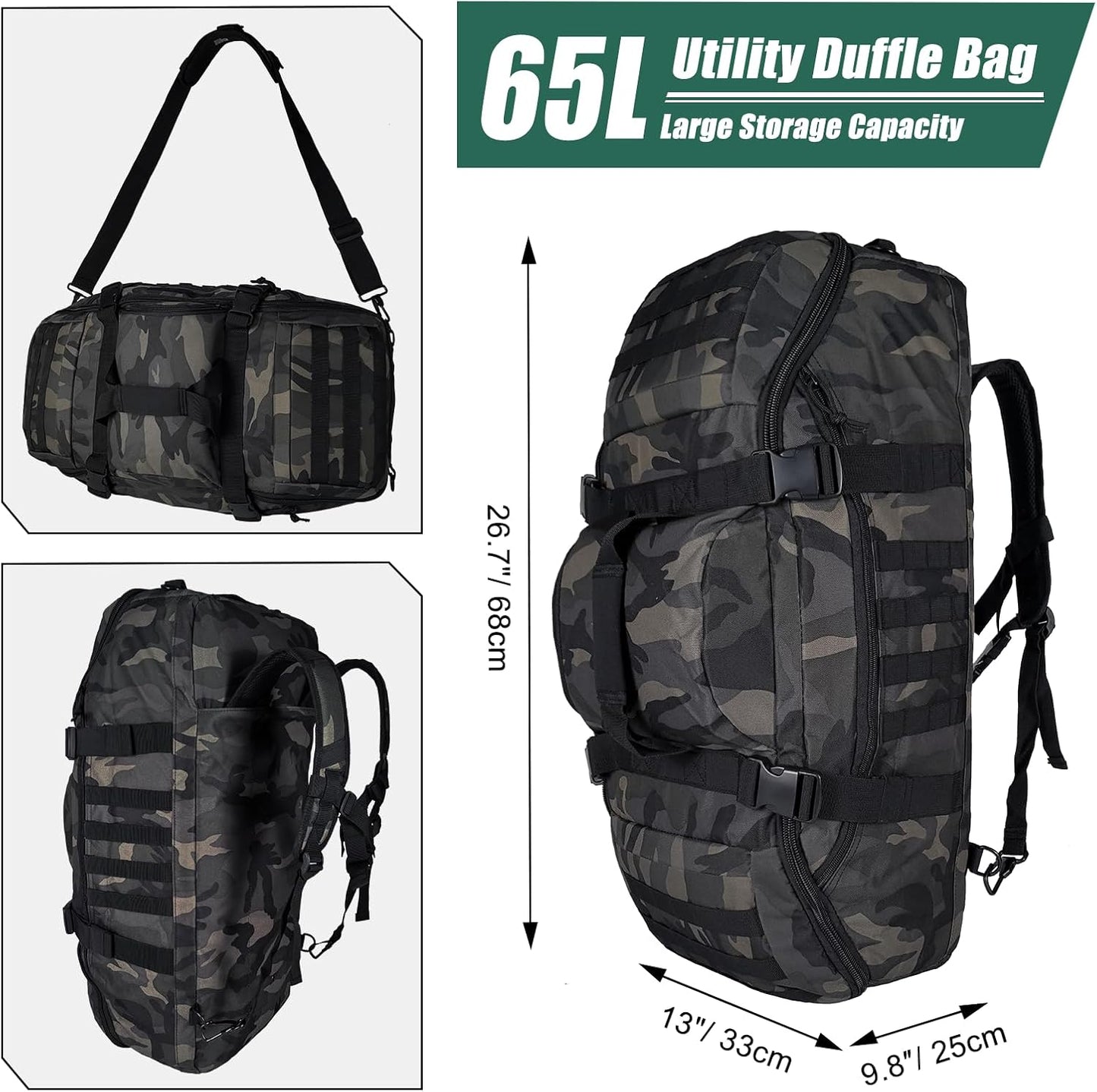 65L Large Duffle Bag, 3-in-1 Tactical Backpack MOLLE Pack for Sports, Gym, Outdoor, Black Camo