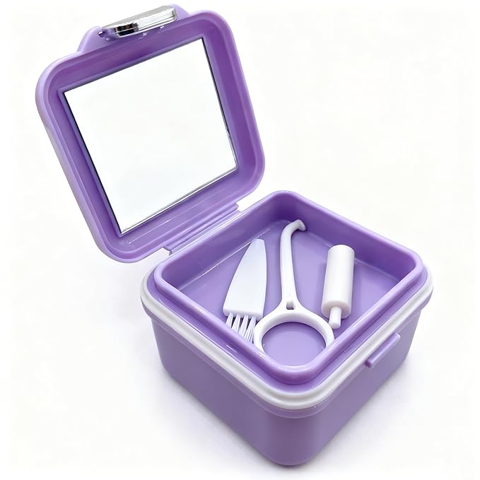 Denture Bath Case, Denture Soaking Container Denture Cup Soaking Holder Mouth Guard Denture Box Denture Baths Cleaning with Lid Waterproof （Purple）