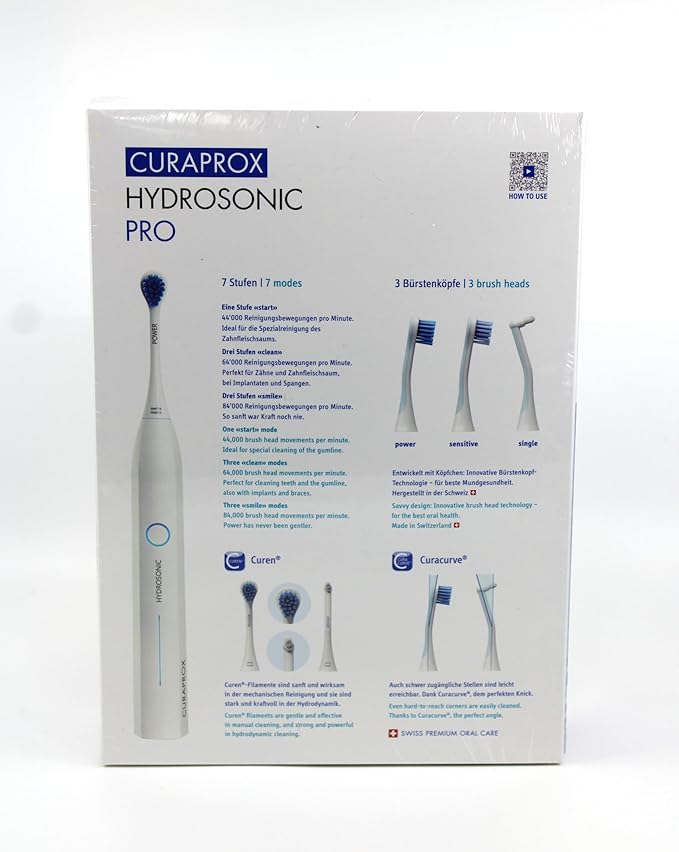 Curaprox Hydrosonic Pro Sonic Toothbrush – for Sensitive Teeth, Implants and Braces | Professional Cleaning at Home | Set with Three Brush Heads