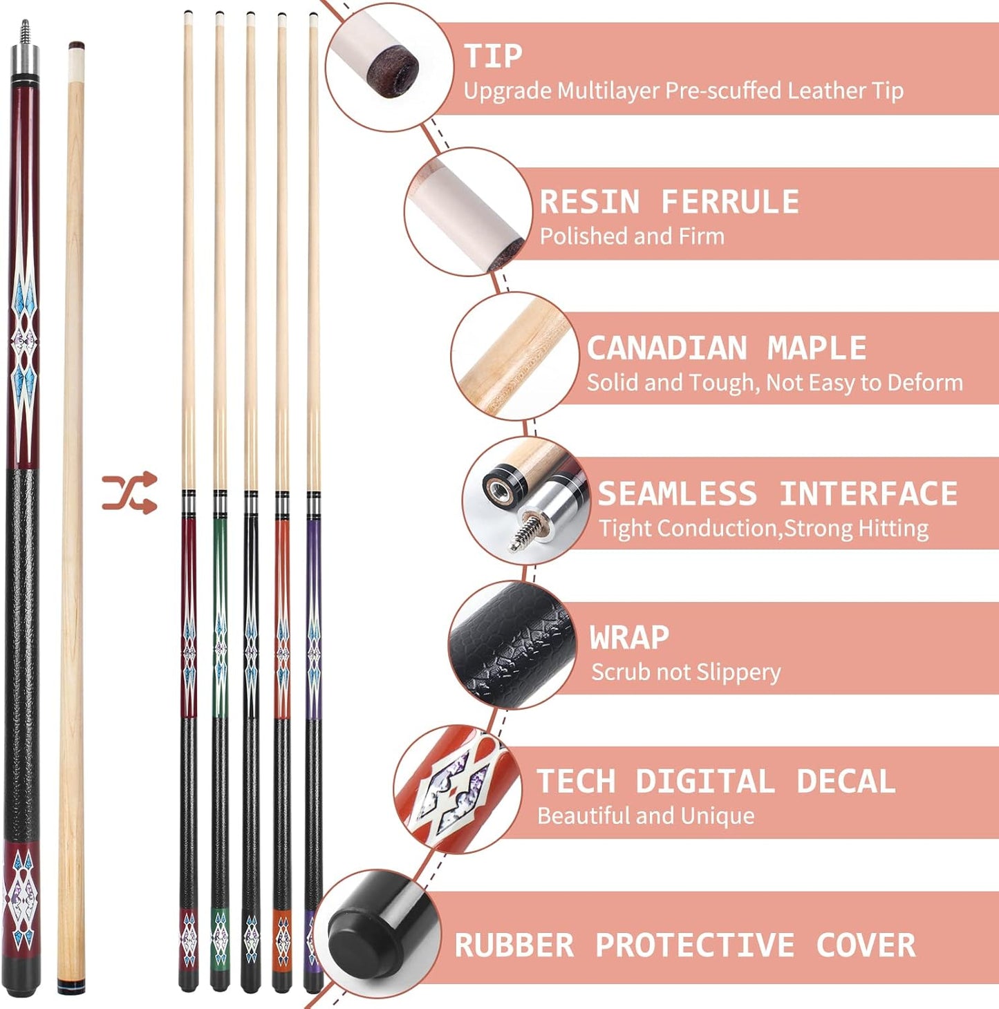 Kmise Pool Cue Stick Set - 58 Inch Pool Cues, 18~21Oz Canadian Maple Professional Billiard Cues Sticks, Pool Sticks for Adults, Multiple Colors, Pool Stick for Bar House Pool Tables Sports