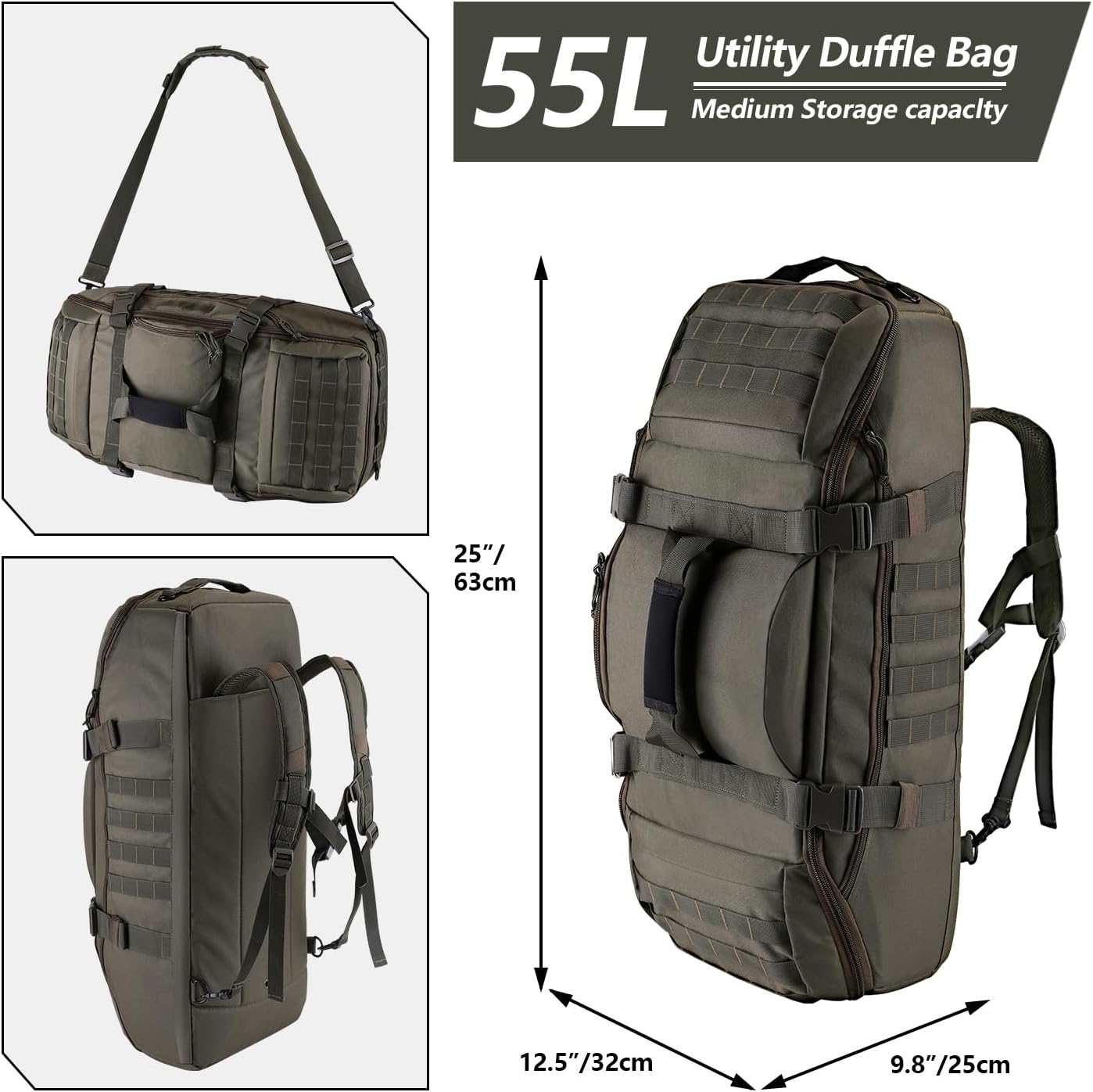 55L Large Duffle Bag, 3-in-1 Tactical Backpack MOLLE Pack for Sports, Gym, Outdoor, Olive Green