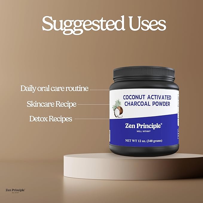 Zen Principle Coconut Activated Charcoal Powder. Whitens Teeth, Rejuvenates Skin and Hair, Supports Better Digestion. USA-Owned Producers, Free Scoop, 12 Oz