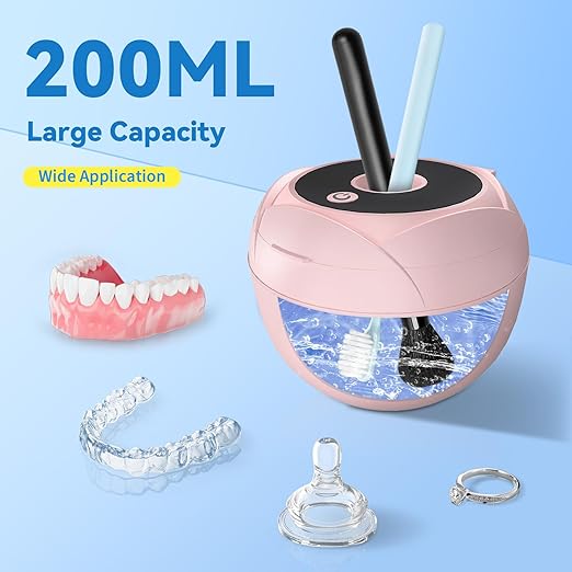 Ultrasonic Retainer Cleaner Machine 45khz Cleaning Pod for Denture Cleaner 200ml Mouth Guard, Aligner, Night Guard, Toothbrush, Jewelry, 4 Cleaning Modes Digital Timer, Gifts for Women, Pink