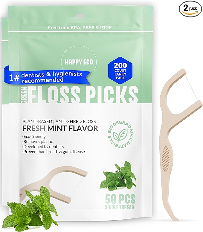 Floss Picks Biodegradable (100pcs) - Natural Dental Floss Picks, Vegan, Sustainable, Reusable, Shred Resistant and Nontoxic Plant-Based Material - Single Thread Mint