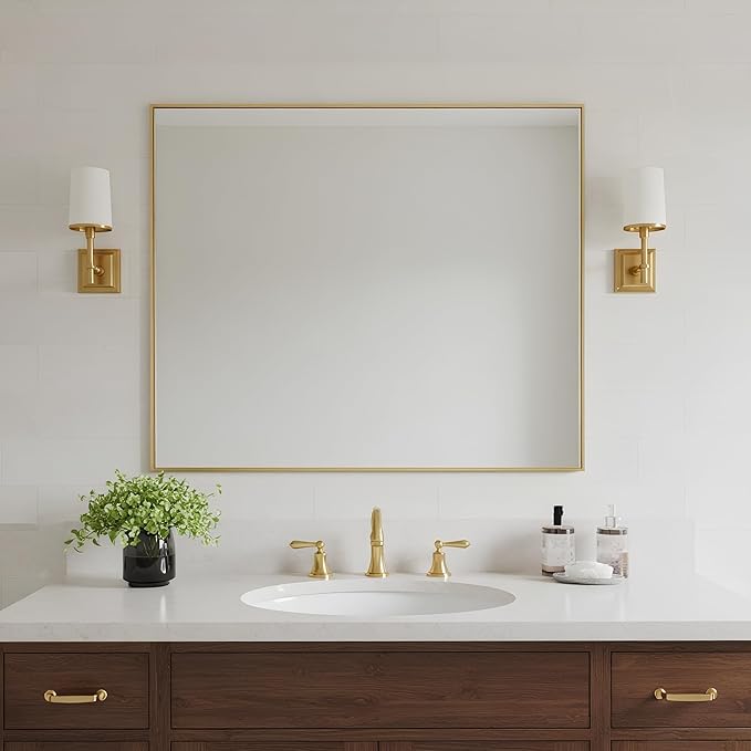 24x32 Inch Brass Bathroom Mirror for Wall, Aluminum Frame Rectangle Rectangular Vanity Mirror, Modern Large for Bedroom, Living Room, Horizontal or Vertical