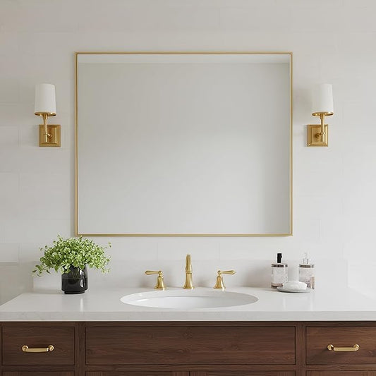 24x32 Inch Brass Bathroom Mirror for Wall, Aluminum Frame Rectangle Rectangular Vanity Mirror, Modern Large for Bedroom, Living Room, Horizontal or Vertical
