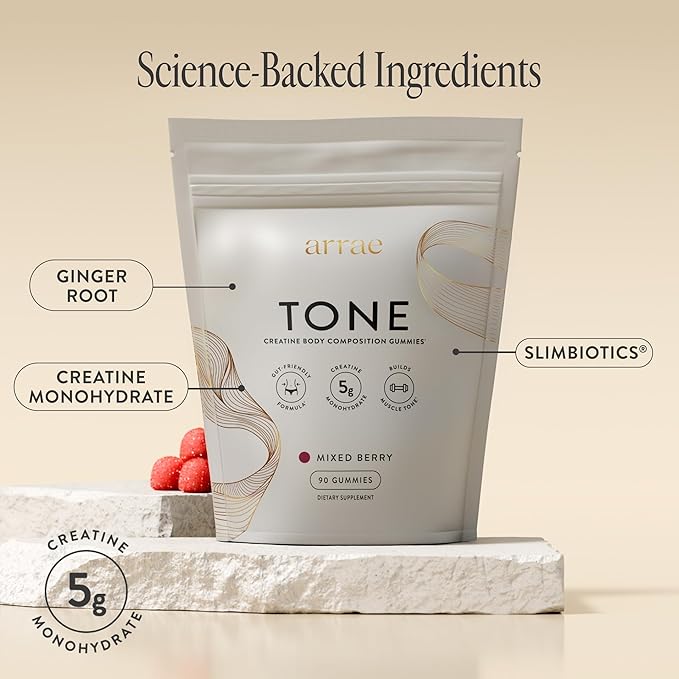 Arrae Tone Gummies – Creatine Monohydrate 5g for Women – Support Lean Muscle, Strength & Recovery – Hormone-Friendly Muscle Toning Supplement – Mixed Berry Flavor – 90 Count
