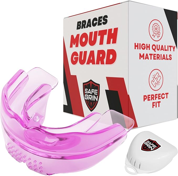SafeGrin Pink Mouth Guard for Braces for Sports - Premium Silicone Teens & Youth Upper & Lower Teeth Protection for Sports - Football, Lacrosse, Hockey, Baseball