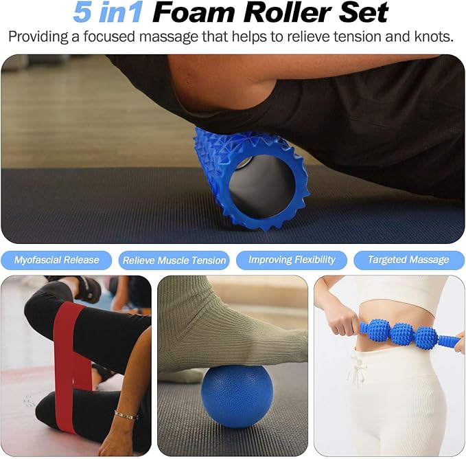 5 in 1 Foam Roller Set Trigger Point Foam Roller, Massage Roller Stick, Massage Ball, Stretching Strap for Deep Muscle Massage Pilates Yoga, Fitness Exercise for Whole Body (Blue Diamond)