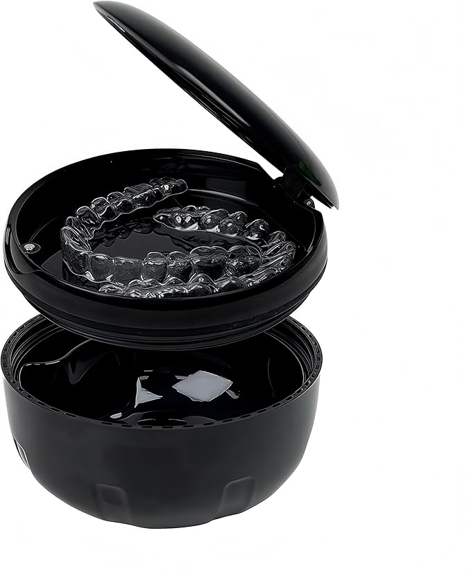 Retainer Cleaner Case,Double Layer No-Leak Denture Cup for Soaking Dentures, Denture Bath for Aligner,Retainers,Mouth Guard,Night Guard Solid Color (Black)