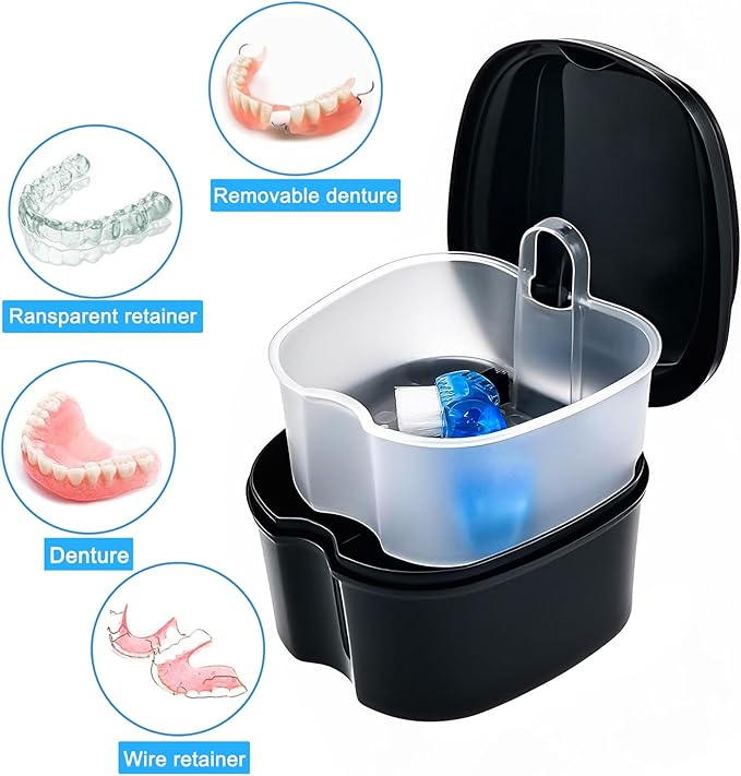 Black Denture Soaking Container Partial Denture Case, Orthodontic Retainer Cleaning Case Denture Cleaner Container Dentures Teeth Cup with Strainer and Lid Waterproof