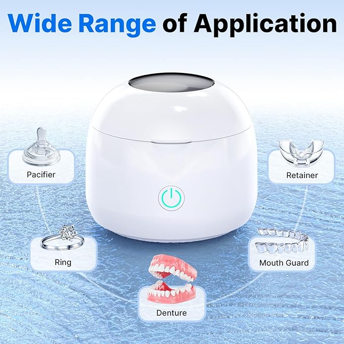 Ultrasonic Retainer Cleaner - UV Dental Cleaning Pod Night Guard Cleaner for Dentures, Aligner, Braces, Toothbrush Heads, Jewelry (White)