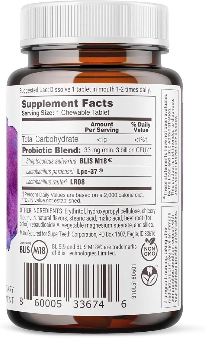 SuperTeeth Chewable Dental Probiotic for Kids & Adults | Supports Healthy Teeth & Gums | Oral Health | Fights Bad Breath | BLIS M18 | 60 Strawberry Flavored Tablets | Fluoride & Sugar Free | Vegan