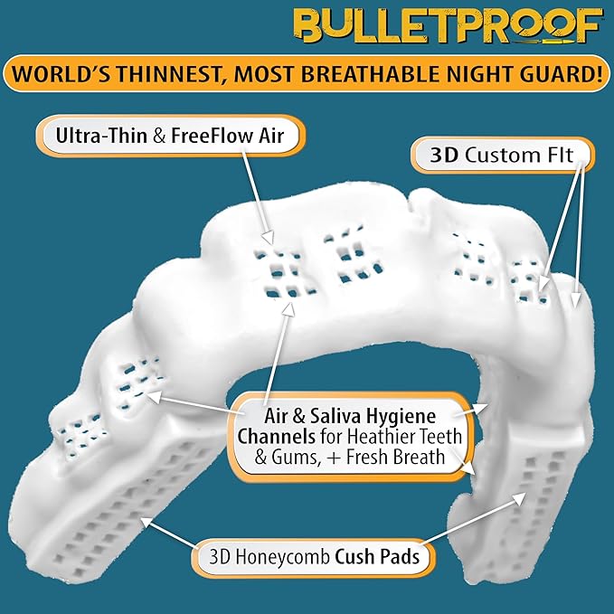 BulletProof Night Guard: World’s Thinnest Mouth Guard For Grinding Teeth At Night. TMJ Bite Clenching Mouthguard For Sleeping. Women Men Nighttime Dental Bruxism Relief Nightguard for Sleep Adult Kids
