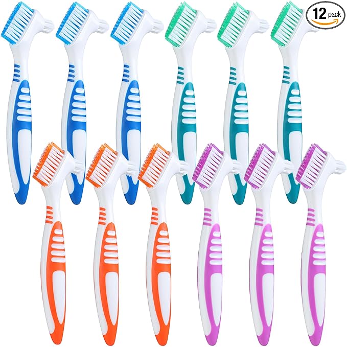 Mimorou 12 Pcs Denture Brush for False Teeth Double Sided Denture Toothbrushe with Soft Bristle, Ergonomic Anti Slip Handle Teeth Cleaner Brush for Adult(Blue, Green, Purple, Orange,Non Slip Grip)