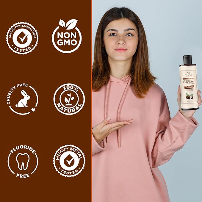 PRANA Coconut Pulling Oil Mouthwash with Tongue Scraper- Ayurvedic Oils for Clean Rinse with Coconut Oil & Clove & improving Teeth & Gum Health - Teeth Pulling Oil Keeps Your Mouth Refreshed- 237ml