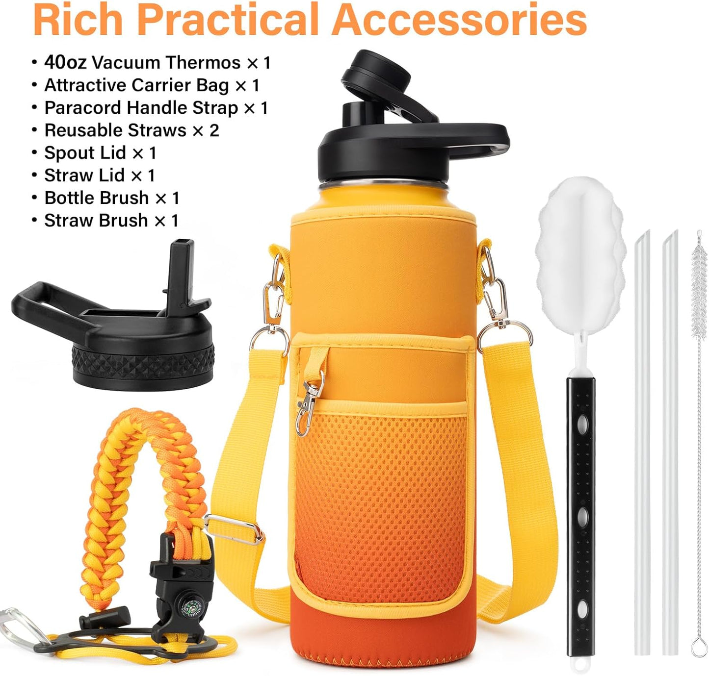 40 oz Insulated Water Bottle | Thickened Stainless Steel Vacuum Metal | Portable Sports Water Jug for Gym and Hiking with Straw, Carrier Bag, Handle Strap | BPA-Free 40 oz