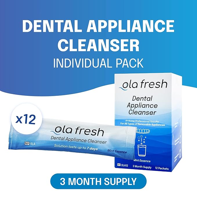 Ola Fresh Dental Appliance Cleanser, Professional Denture and Retainer Powder Cleanser (Mint Essence Flavor, 24 Packets, 3 Month Supply)