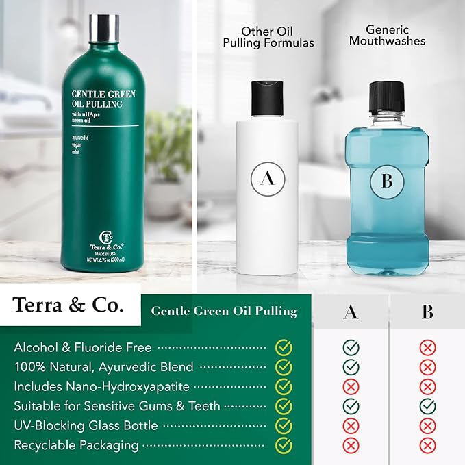 Terra & Co. Gentle Green Oil Pulling and Tongue Scraper | with Hydroxyapatite for Strong Enamel, Healthy Gums | Reduce Bad Breath