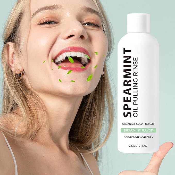 White Spearmint Oil Pulling Rinse, Cold-Pressed Coconut Mouthwash for Teeth Whitening, Peppermint Pulling Oil for Teeth and Gums, Pure Mint Mouthwash (4 Oz)