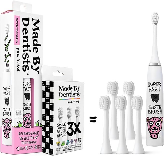 Made by Dentists Kids Electric Toothbrush - Rechargeable Vibrating Toothbrush with Timer, Includes 6 Replacement Heads, Halloween Gifts for Kids, Girls and Boys, Kid & Toddlers Age 2+, Cheetah